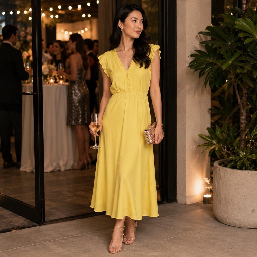 Fossil Womens Yellow Rayon Ruffle V-Neck Empire Waist Midi Dress Size S